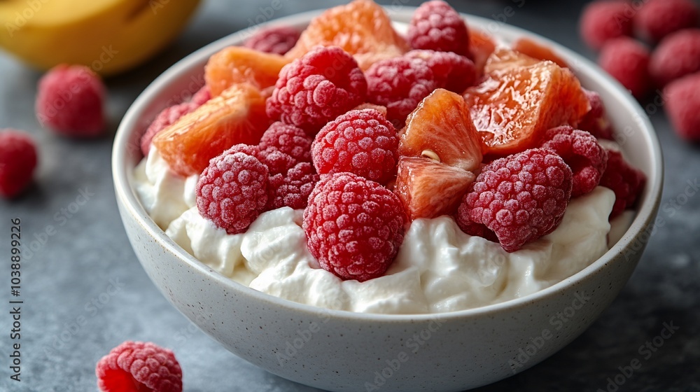 A bowl of creamy yogurt topped with fresh raspberries and orange slices. A bowl of creamy yogurt topped with fresh raspberries and orange slices.
