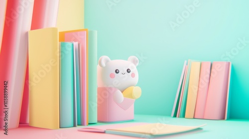 A Cute Bear Peeks Out Amidst Colorful Books in a Bright and Cheerful Study Space Filled with Joyful Hues and Whimsical Charm. photo