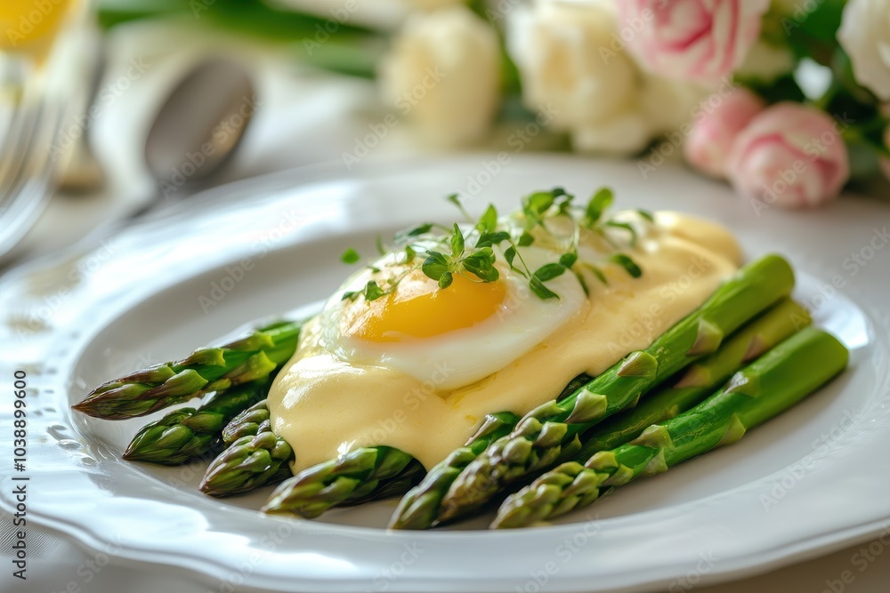 Spring asparagus with egg and hollandaise on a white plate Light spring lunch cheerful vibes summer blooms