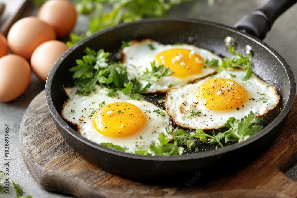 Spring greens and fried eggs in a skillet Nutritious seasonal meal idea Spring greens and fried eggs in a skillet Nutritious seasonal meal idea