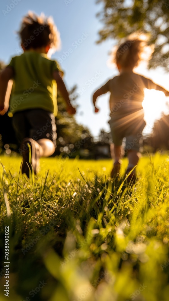 Fototapeta premium Children playing tag in the backyard. Siblings bond and interaction.