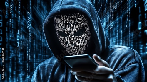 hacker wearing white mask with binary code digital interface using smartphone to steal financial data double exposure data theft internet fraud darknet deepweb and cyber security concept. AI generated