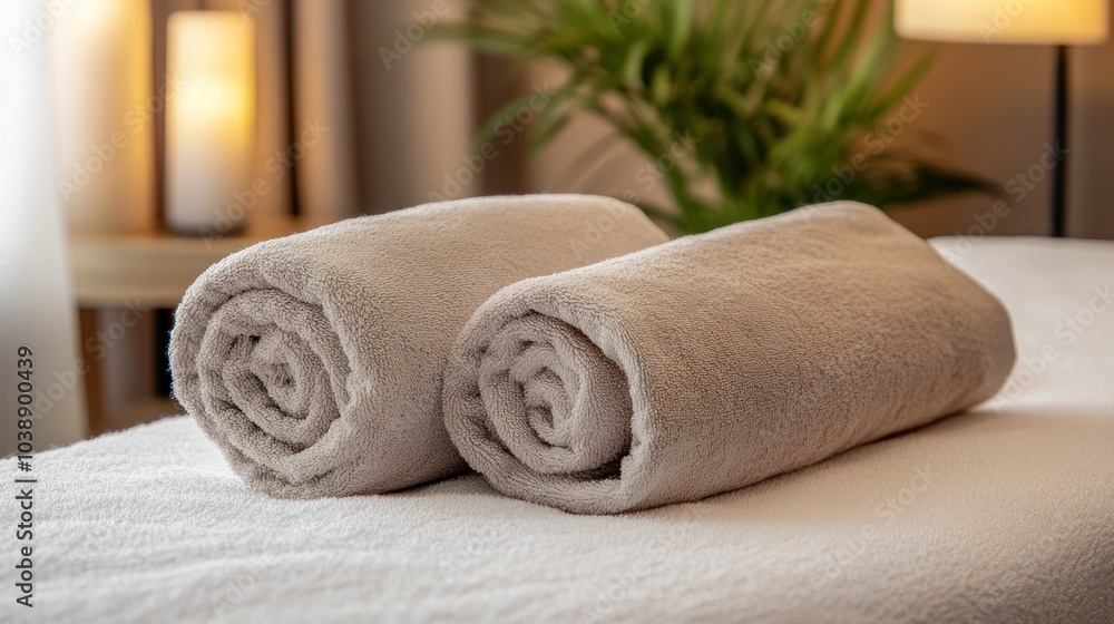 Two neatly rolled towels on a bed, creating a relaxing and inviting atmosphere.