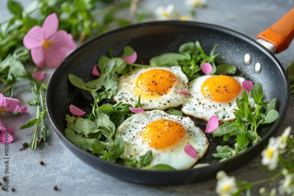 Spring vegetables with fried eggs in a skillet Healthy spring meal idea Spring vegetables with fried eggs in a skillet Healthy spring meal idea