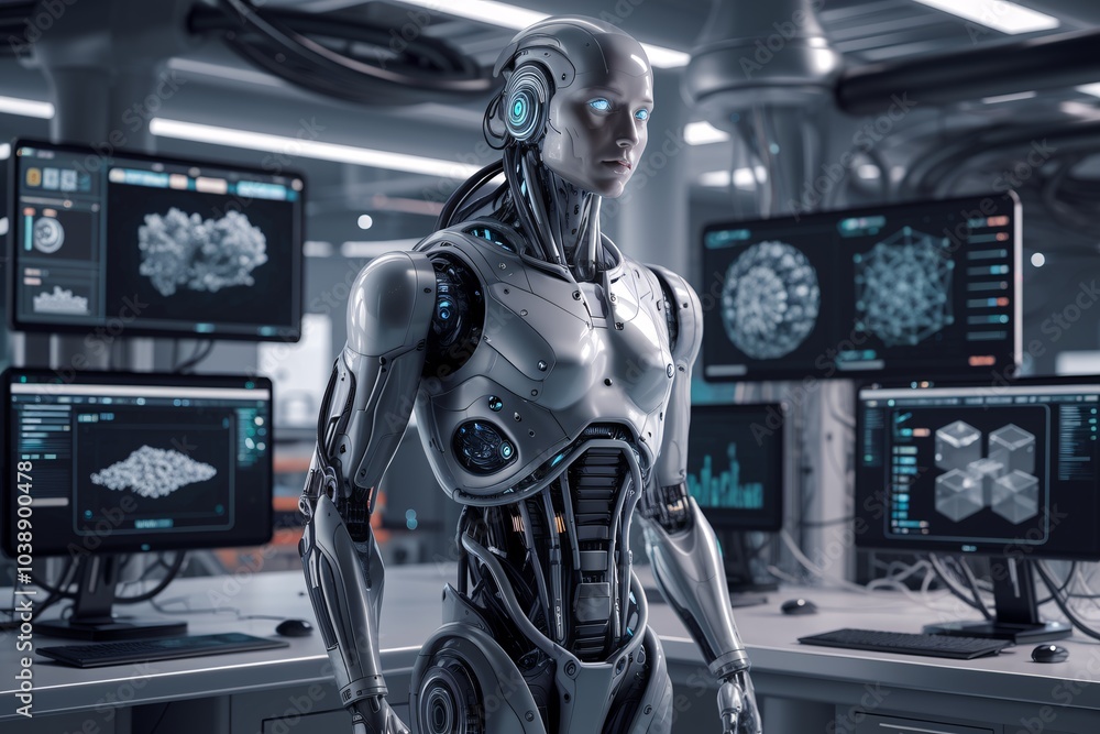 Fototapeta premium A highly detailed humanoid robot standing in a futuristic laboratory. 