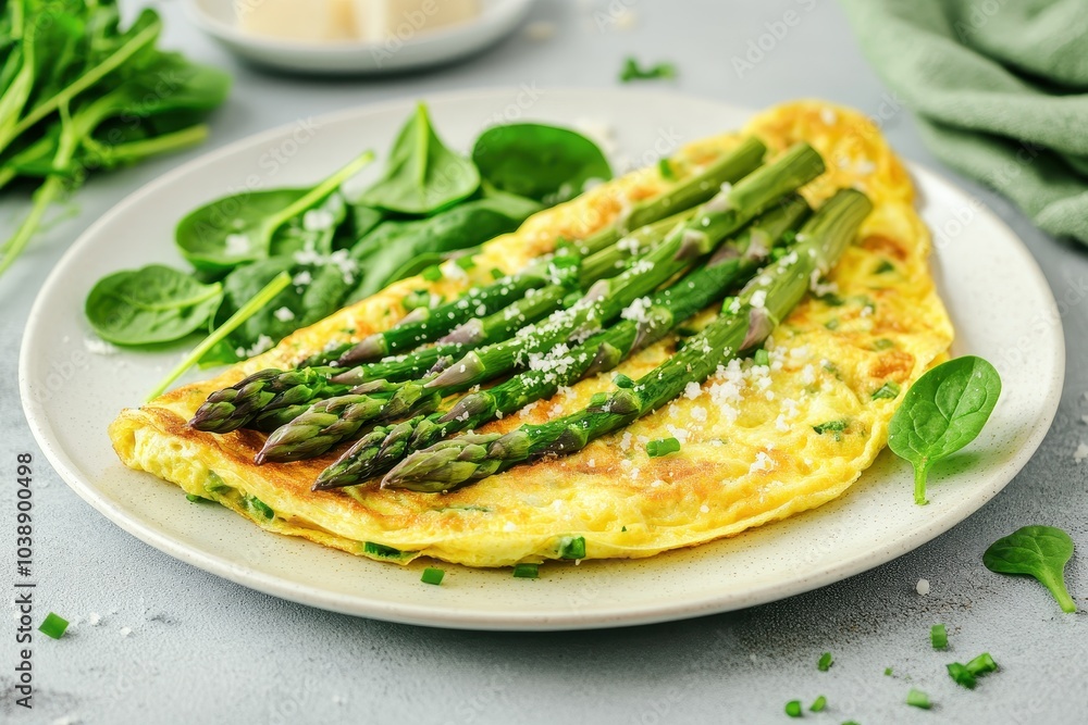 Spring omelette with asparagus herbs and spinach topped with Parmesan Simple healthy recipes from Southern Europe on a white plate Spring omelette with asparagus herbs and spinach topped with Parmesan Simple healthy recipes from Southern Europe on a white plate