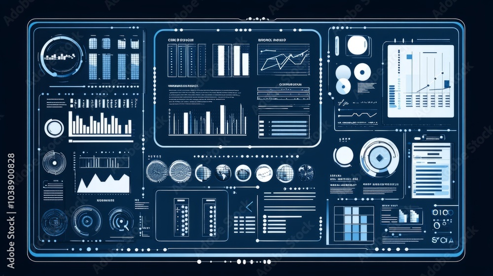 Futuristic digital interface with various charts, graphs and data. Futuristic digital interface with various charts, graphs and data.