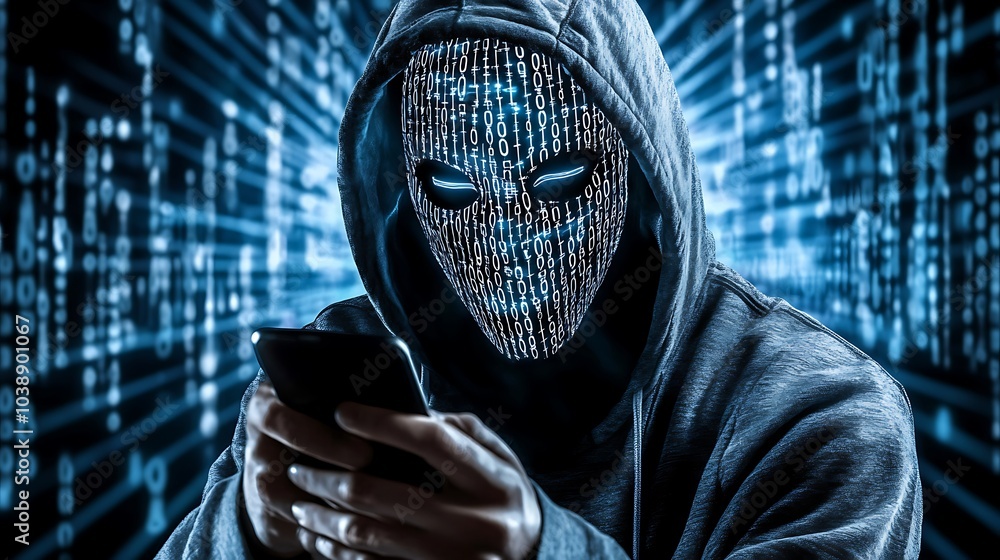 hacker wearing white mask with binary code digital interface using smartphone to steal financial data double exposure data theft internet fraud darknet deepweb and cyber security concept. AI generated hacker wearing white mask with binary code digital interface using smartphone to steal financial data double exposure data theft internet fraud darknet deepweb and cyber security concept. AI generated
