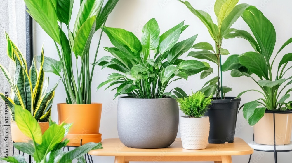 Green plants in different pots on a wooden table. Green plants in different pots on a wooden table.