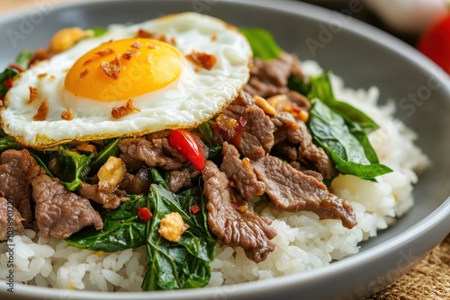 Wallpaper Mural Stir fried basil beef with egg and rice popular Thai street fast food softly blurred Torontodigital.ca