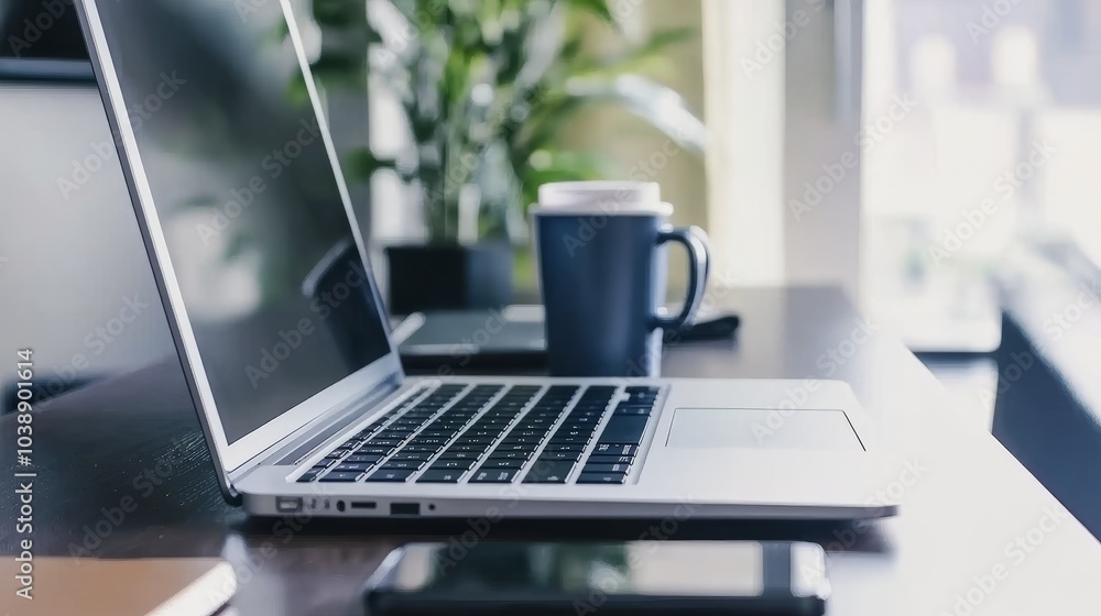 Laptop, mug, and smartphone on a wooden desk. Laptop, mug, and smartphone on a wooden desk.