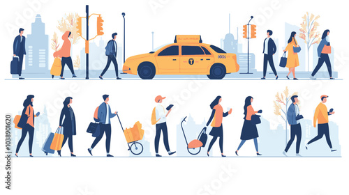 Set of friends and couples going out to downtown. Flat vector illustrations of people ordering taxi by call. Walking,
