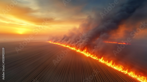 Vivid sunset illuminates controlled burn spreading across agricultural field at twilight