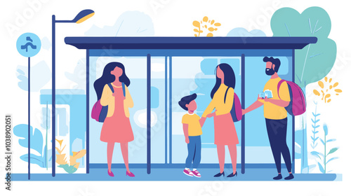 Father and daughter meeting mother and son at bus stop. Happy family, woman picking child from school flat vector illustration.
