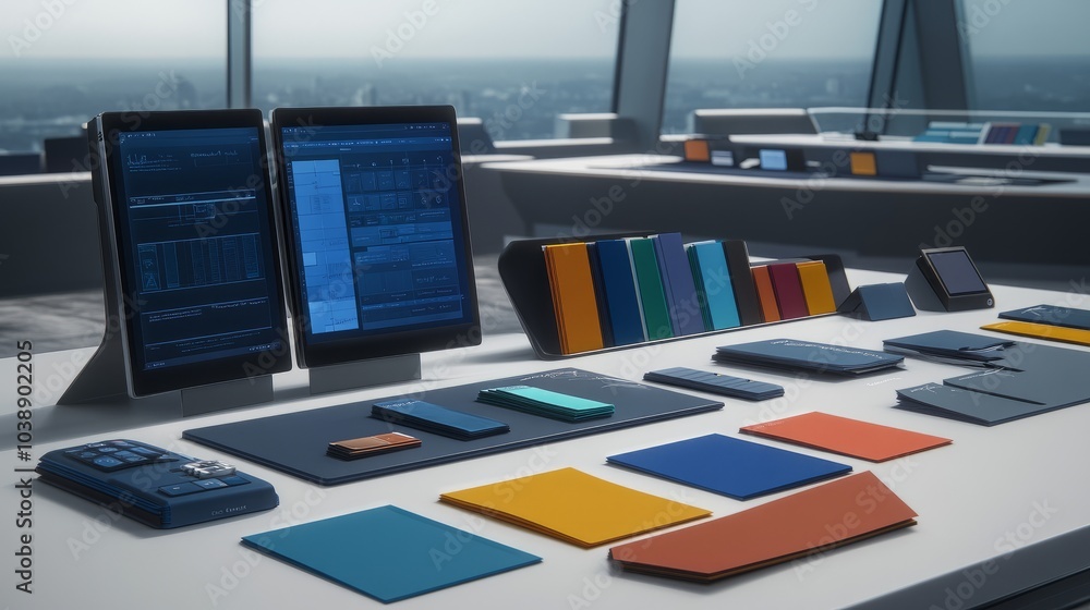 Fototapeta premium Modern office desk with laptops, files and a tablet on a white desk with a cityscape view.