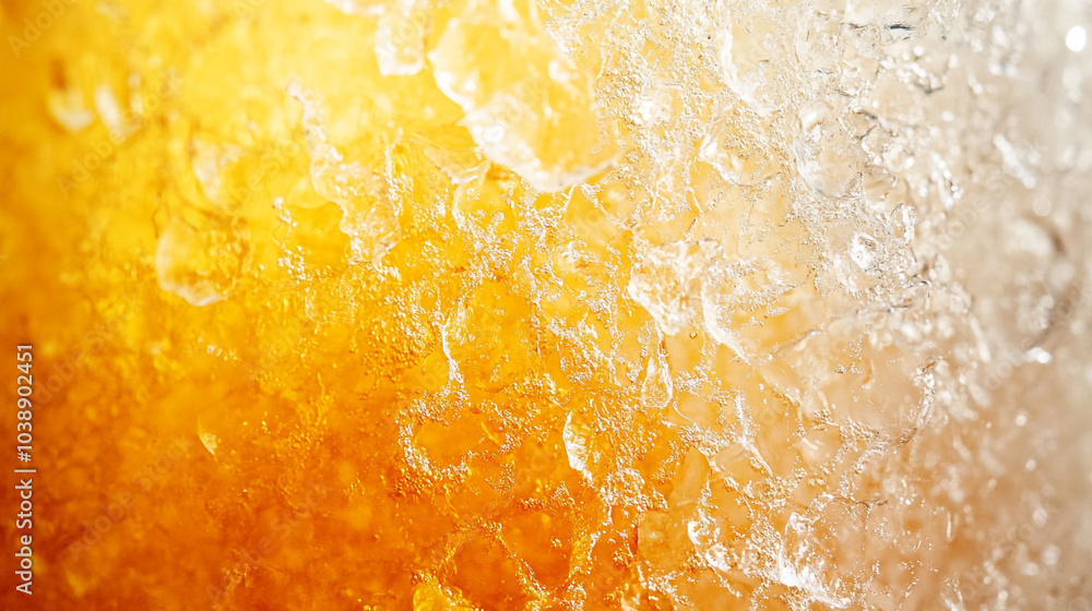 Close-up view of refreshing golden liquid with ice crystals melting in a glass during summer Close-up view of refreshing golden liquid with ice crystals melting in a glass during summer