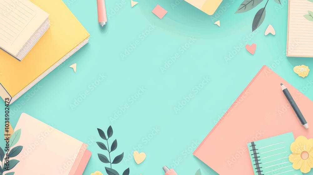 Vibrant and Playful Stationery Arrangement on a Soft Mint Background for Creative Inspiration and Organization Vibrant and Playful Stationery Arrangement on a Soft Mint Background for Creative Inspiration and Organization