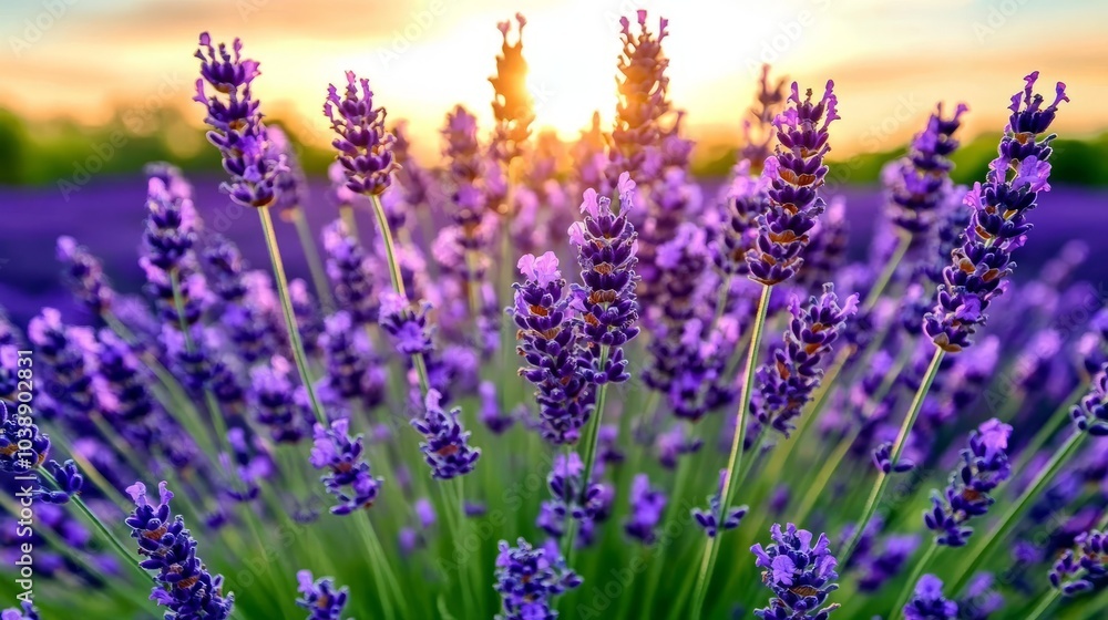 Naklejka premium Purple lavender flowers blooming in a field at sunset.