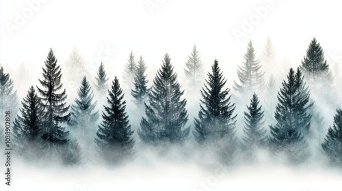 Mystical forest landscape embracing the serenity of tall pines shrouded in ethereal fog and misty atmosphere