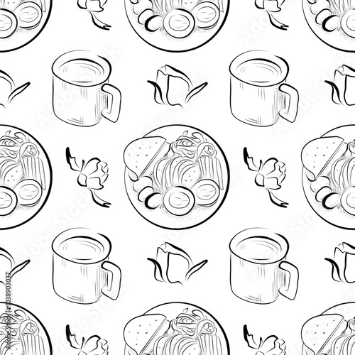 vector seamless pattern line art elements - food, cuisine breakfast plate with eggs, cheese, vegetables and lavash, mug, flower