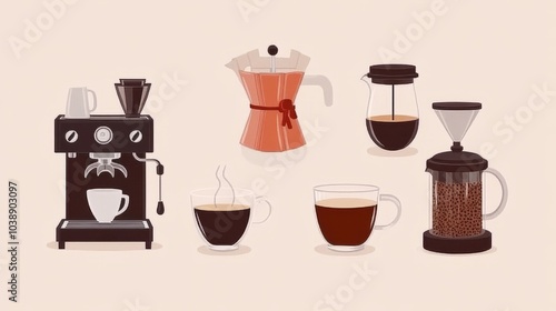 Set of coffee makers with cups of coffee on a light background.