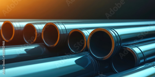 PE pipe plant, Industrial PE pipes pile for gas and water. HDPE Polyethylene PE100 pipe, background with copy space.