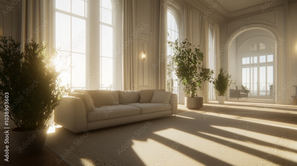 Sunlight streams through large windows in a spacious living room, illuminating a white sofa and plants. Sunlight streams through large windows in a spacious living room, illuminating a white sofa and plants.