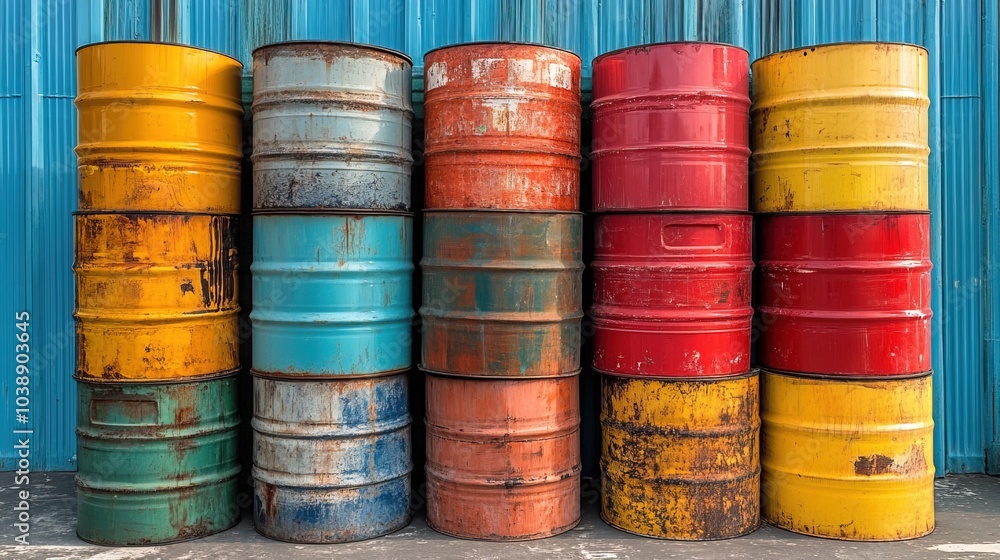 Stacked oil barrels chemical drums hazardous waste containers Stacked oil barrels chemical drums hazardous waste containers