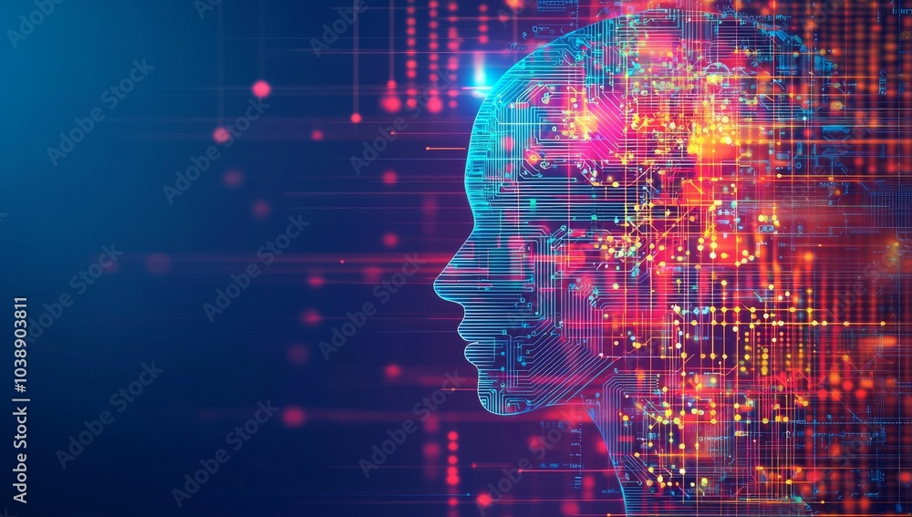 AI, Binary code and humanlike features, a new business movement in technology, communication, and information. AI, Binary code and humanlike features, a new business movement in technology, communication, and information.