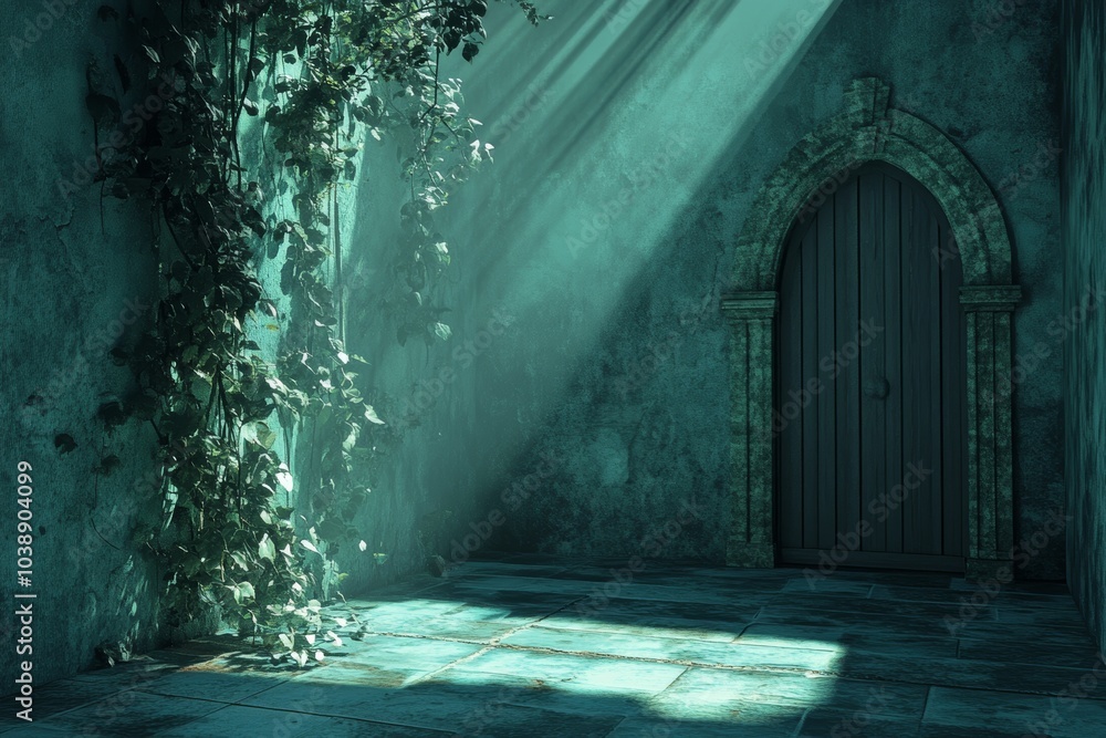 Obraz premium Mystical Sunlit Garden with Old Stone Arch and Climbing Vines