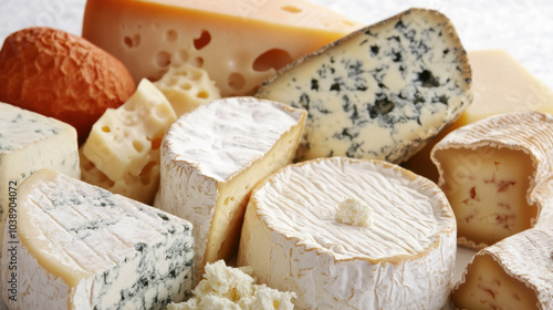 A variety of cheeses are displayed on a white plate, including blue cheese