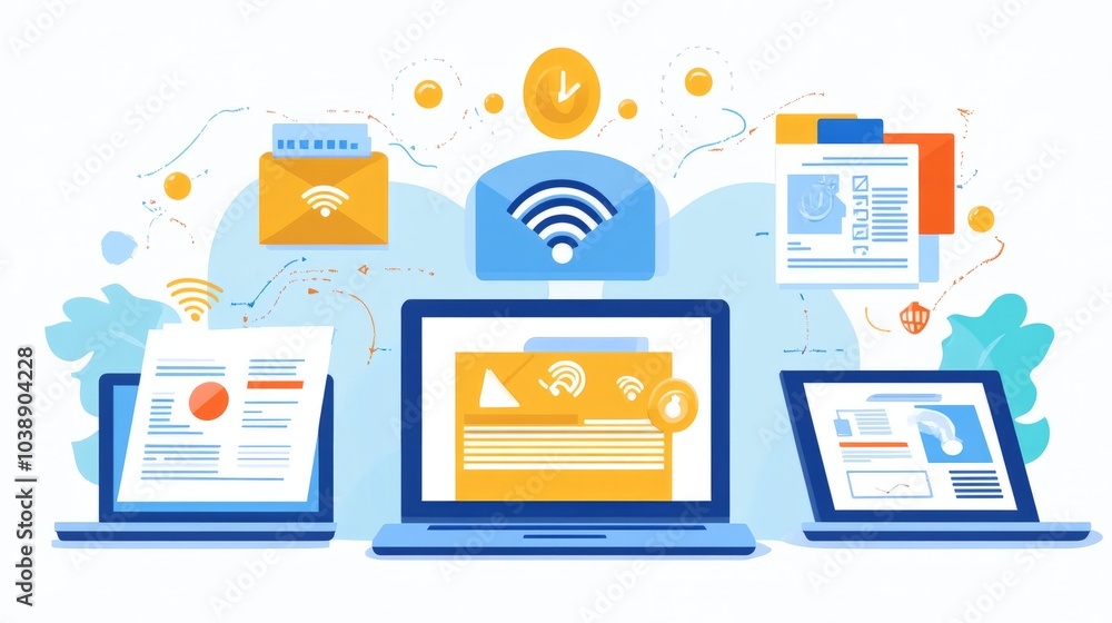 Three laptops with documents and wifi connection symbols on the screen, connected by network arrows and wifi circles with a download arrow. Three laptops with documents and wifi connection symbols on the screen, connected by network arrows and wifi circles with a download arrow.