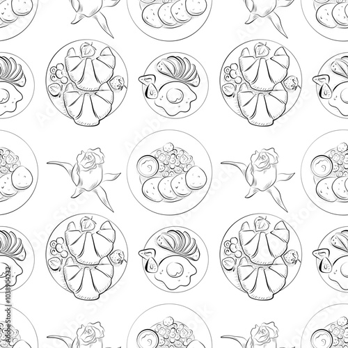 vector seamless pattern line art elements - food, cuisine breakfast plate with fried eggs, pancakes, croissants
