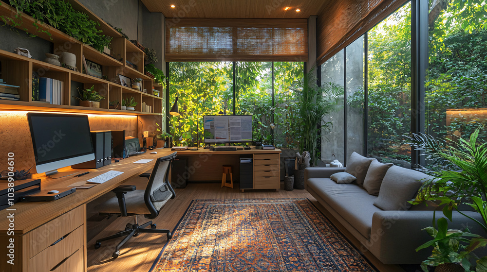 Green biophilic design of workplace at home Green biophilic design of workplace at home