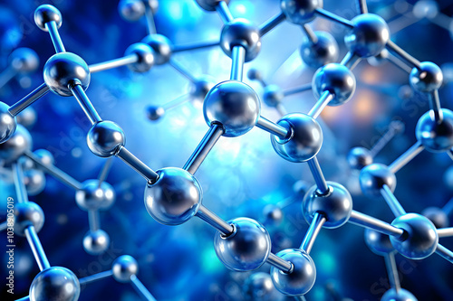 A vibrant molecular structure on a blue background, illustrating interconnected atoms.