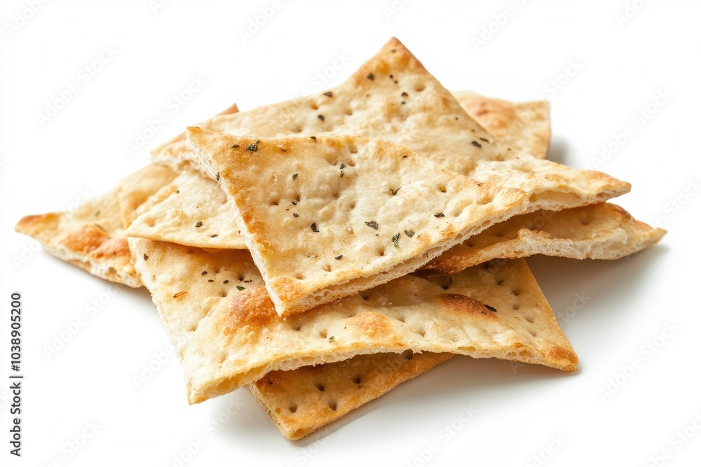 Tasty crunchy pita chip set against a white background Tasty crunchy pita chip set against a white background