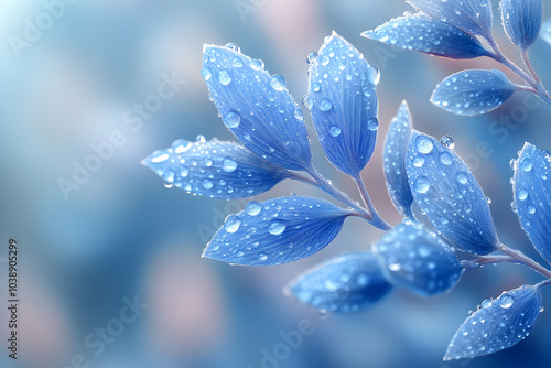 A close-up of blue leaves adorned with water droplets, set against a soft, blurred background, creating a serene and refreshing atmosphere.