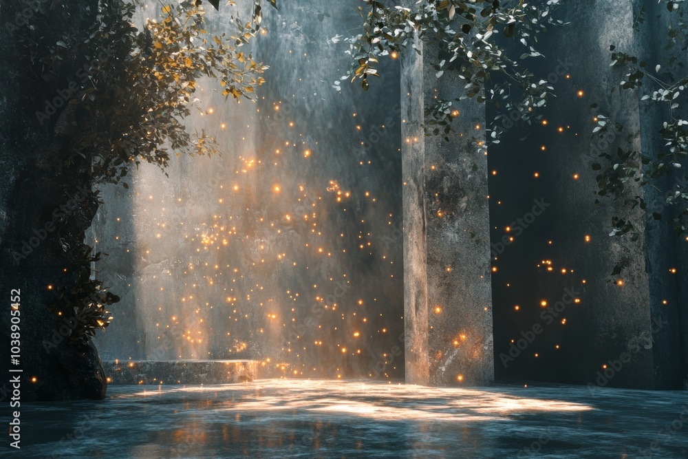 Fototapeta premium Mystical Forest Glade with Glowing Fireflies and Sunlight Rays