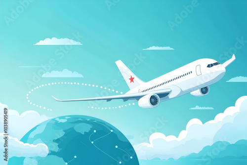 Wallpaper Mural Airplane flying around the Earth with dotted flight path Torontodigital.ca