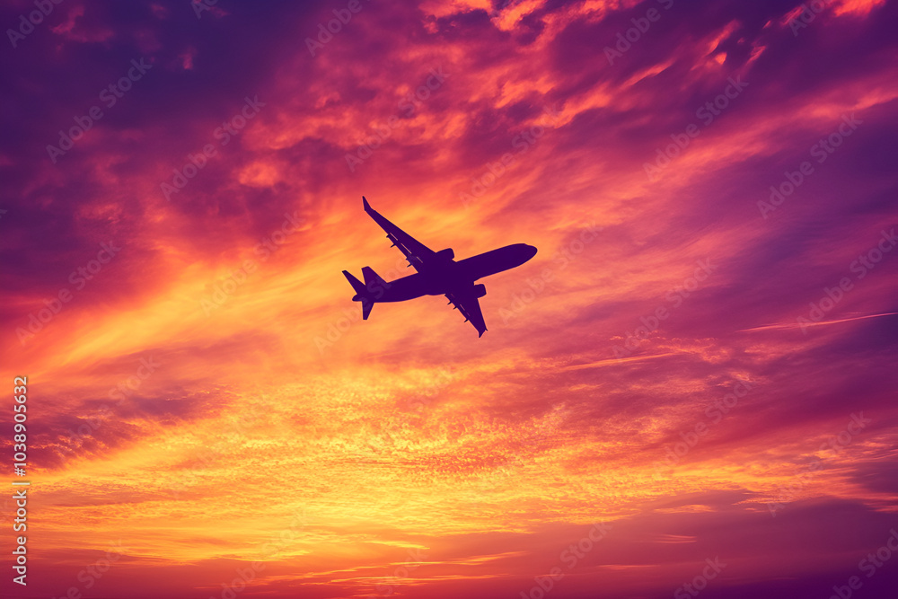 Airplane silhouette flying against a vibrant sunset sky Airplane silhouette flying against a vibrant sunset sky