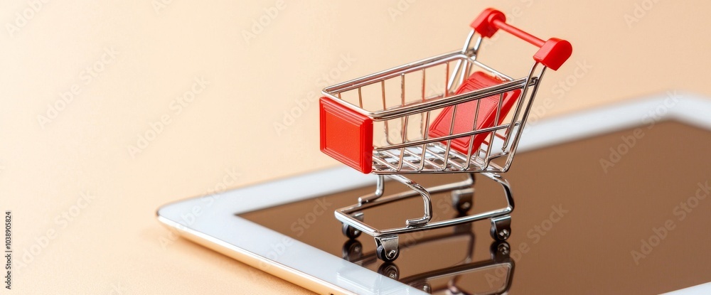Close up of a smartphone or tablet shopping cart on a desk featuring an internet application for computer-based online shopping, buying, and spending. Close up of a smartphone or tablet shopping cart on a desk featuring an internet application for computer-based online shopping, buying, and spending.