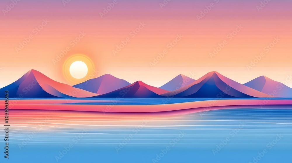 Vibrant sunset over a mountain range and water with a gradient effect. Vibrant sunset over a mountain range and water with a gradient effect.