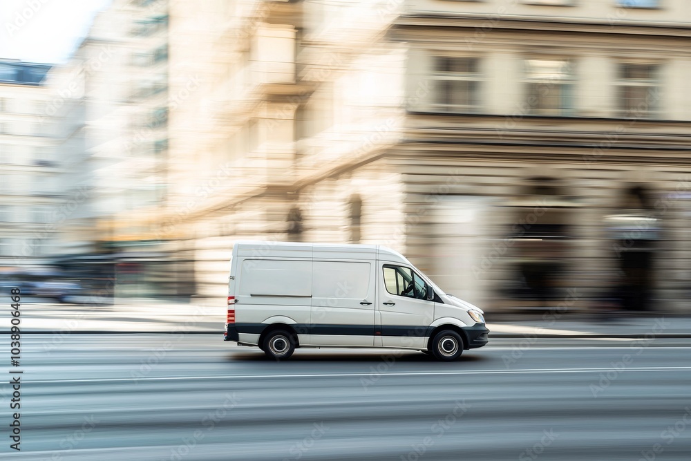 A white delivery van speeding through an urban street with a motion blur effect in the background. This image suggests fast deliveries and urban transportation services. A white delivery van speeding through an urban street with a motion blur effect in the background. This image suggests fast deliveries and urban transportation services.