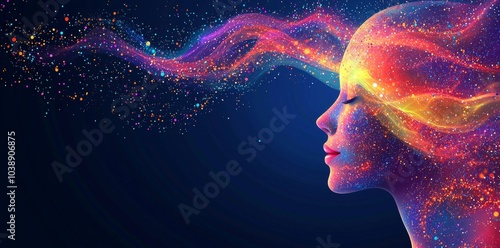 Stock Voice Generator synthetizer. Whisper of stock concept with human head and waveform audio. Digital representation of a human face on a blue and pink background.