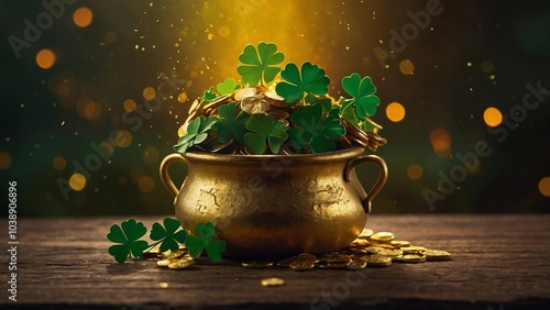  a gold pot with coins and four leaf clovers on a wooden table