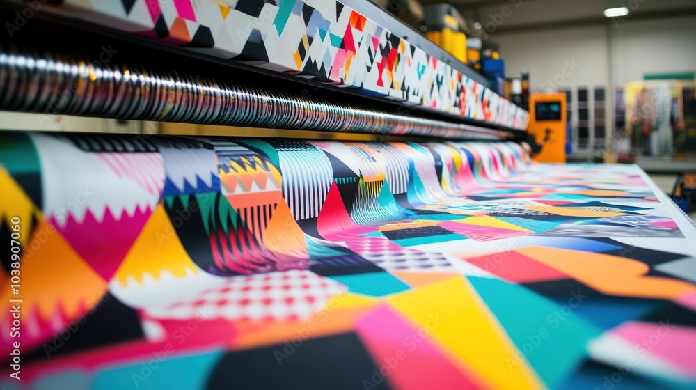 A vibrant printing press producing colorful patterned material. A vibrant printing press producing colorful patterned material.
