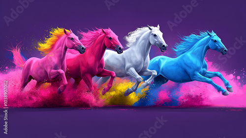 Vibrant horses in motion galloping through colored dust against a purple background during an artistic daytime setting
