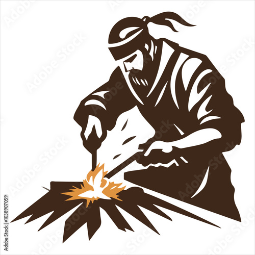 logo of a a blacksmith welding, on a white background.