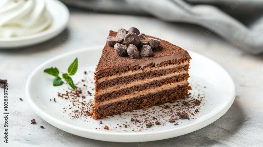 A slice of chocolate cake garnished with chocolate chips and mint on a white plate. A slice of chocolate cake garnished with chocolate chips and mint on a white plate.