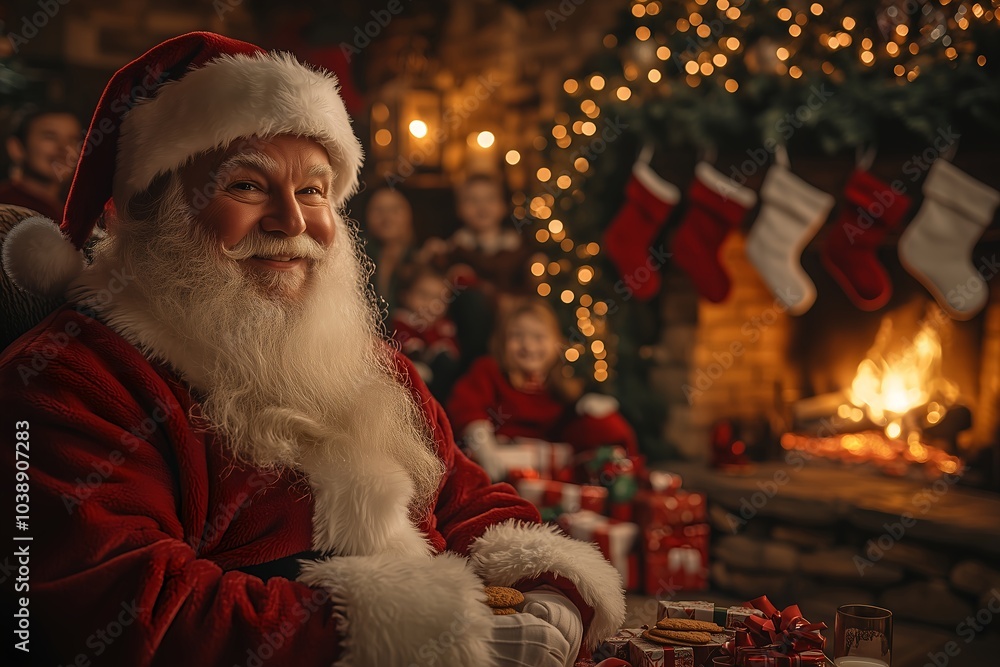 Cheerful Santa Claus enjoying cookies by the warm fireplace surrounded by joyful families Cheerful Santa Claus enjoying cookies by the warm fireplace surrounded by joyful families